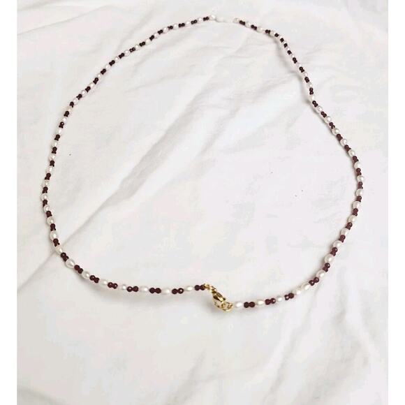 14K Gold Freshwater Pearl Mother Of Pearl Heart Wire Garnet Necklace 10.2" - Picture 4 of 8